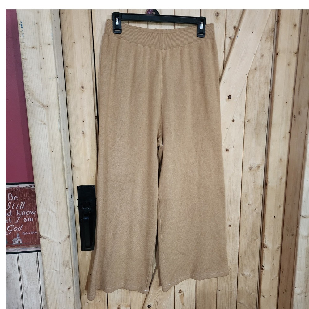 Camel Tan Ribbed Knit Wide Leg Crop Pants High Waist Elastic Pull On Large‎